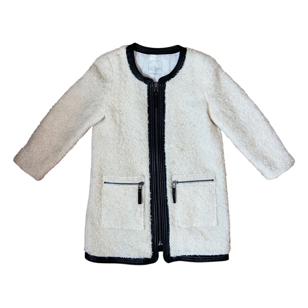 joie fleece boucle wool alpaca blend cream black leather contrast zipper jacket